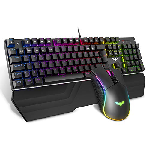 havit Mechanische Gaming Tastatur und Maus Set, RGB Hintergrundbeleuchtung QWERTZ (DE-Layout), Aluminiumoberfläche und Handballenauflage, 4800DPI RGB Gaming Maus mit 7 Tasten (KB389L)