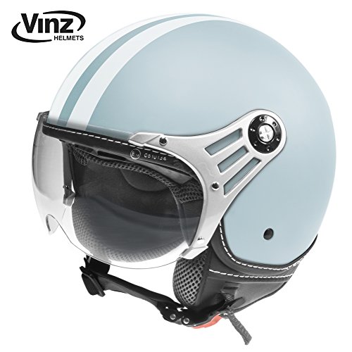 Vinz Rollerhelm Jethelm Fashionhelm | Roller Jet Helm mit Streifen | in Gr. XS-XL | Motorradhelm mit Visier | ECE zertifiziert (M, Hellblau)