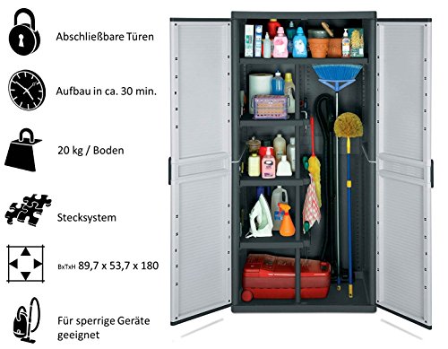 KREHER XXL Kunststoff Spindschrank mit einem durchgehenden Boden, schmalen Böden und Freifach für sperrige Gegenstände. Mit abschließbaren Türen. Maße BxTxH in cm: 89,7 x 53,7 x 180 cm