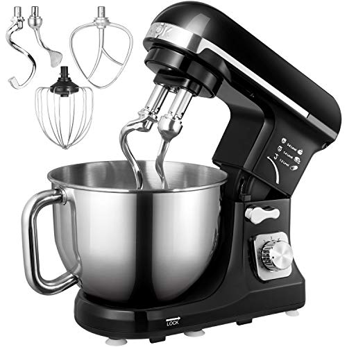Küchenmaschine, Aicok 5L Geräuschlos Knetmaschine mit Doppelten Knethaken, Rührbesen, Knethaken, Schlagbesen, Spritzschutz, 6 Geschwindigkeit mit Edelstahlschüssel Teigmaschin