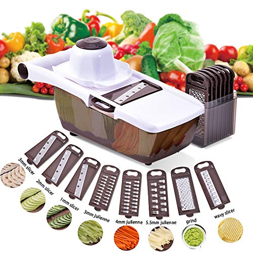 Comaie Mandoline Gemüsehobel, 8 in 1 Mehrzweck Gemüseschneider Küchenhobel Zwiebelschneider Kartoffelschneider Gemüsereibe Reibe Edelstahl Klingen für Gemüseschäler Gemüse und Obst …