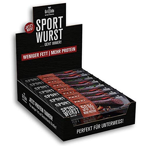 Grillido Sportwurst Rind&Chili | die Trockenfleisch Rindersalami | Perfekt für Sport, Wandern, Büro und Unterwegs oder als Männergeschenk | 25 Packungen | 50% weniger Fett | deutsches Qualitätsfleisch