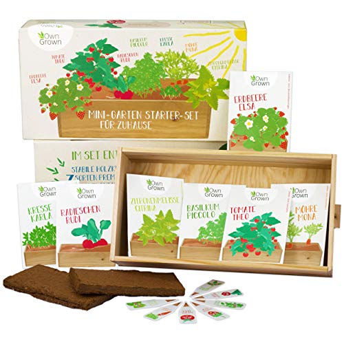 Saatgut Anzuchtset mit 7 Sorten, Mini-Garten Starter Kit von OwnGrown, Gemüse und Kräuter Samen Anzucht Set für die Fensterbank als Geschenk für Kinder und Familie