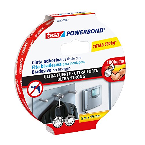tesa Powerbond Ultra Strong Montageband / Doppelseitiges Klebeband für eine besonders starke und dauerhafte Befestigung ohne Bohren / 5 m x 19 mm