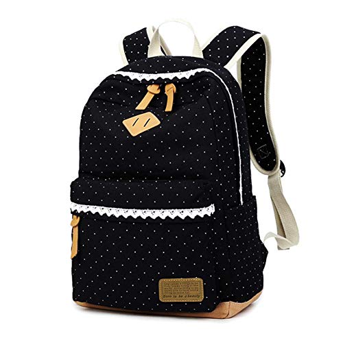 Mädchen Rucksack KHDZ Schulranzen Segeltuch Alltagtasche mit Punkten Spitzen 7 Fächern Groß für 15,6 Zoll Laptop perfekt für Freizeit Schule Reise EINWEG (Schwarz)