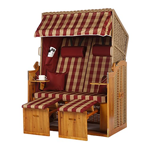 WODEGA Strandkorb XXL Volllieger Ostsee 2 Sitzer 120cm breit Rot kariert PE-Rattan Braun ideal für Balkon,Terrasse,Garten