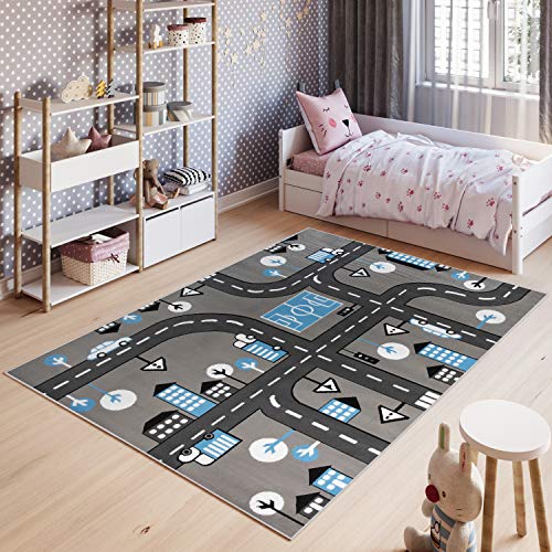 Tapiso Pinky Teppich Kurzflor Kinderteppich Kinderzimmer Grau Blau Schwarz Weiß Pastellfarben Modern Straße Spielteppich ÖKOTEX 80 x 150 cm
