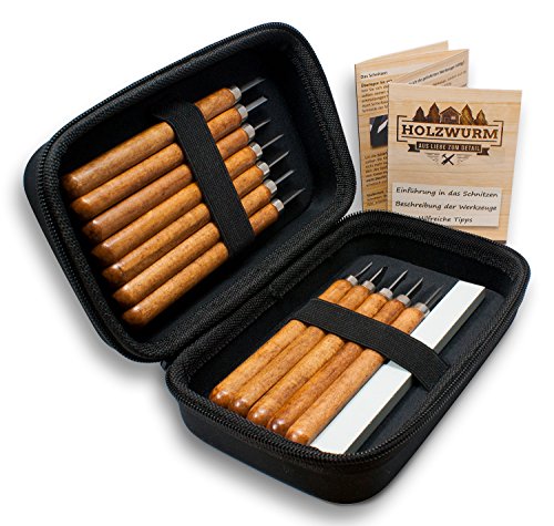 HOLZWURM Schnitzwerkzeug-Set 12-tlg, inkl. Tasche, Anleitung & Abziehstein, Schnitzmesser für Holz, Obst und Gemüse