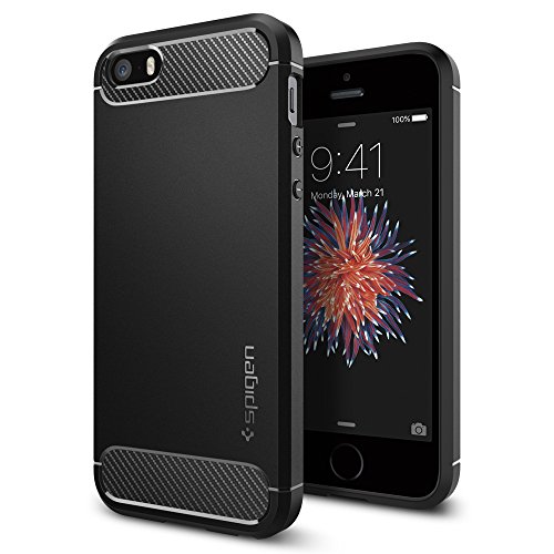 iPhone SE Hülle, Spigen iPhone 5S/5/SE Hülle [Rugged Armor] Karbon Look [Schwarz] Elastisch Stylisch Soft Flex TPU Silikon Handyhülle Schutz vor Stürzen und Stößen Schutzhülle für Apple iPhone SE/5S/5 Case Cover - Black (041CS20167)