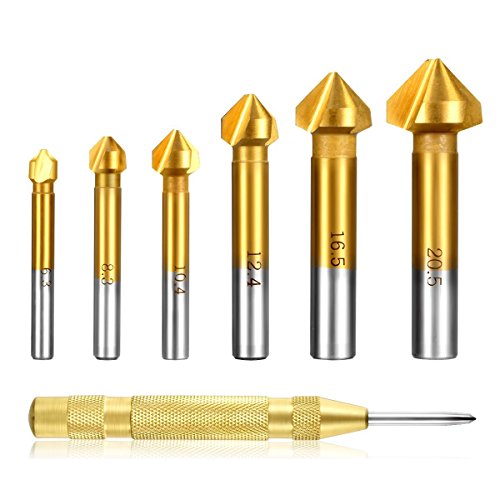Estmoon 6 tlg 90° Kegelsenker Satz HSS Senker Set, Titan-Beschichtungen Ø 6,3 - 20,5 mm Senkbohrer mit 1 Pack Messing Automatische Center Bohrer Punch