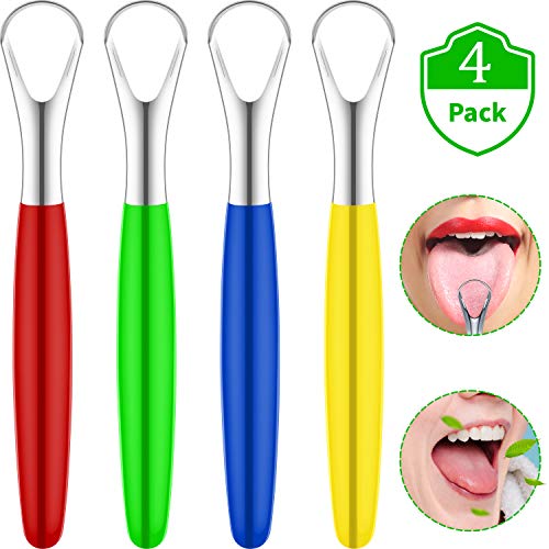 4 Stücke Zungenreiniger Zungenschaber Reiniger Edelstahl Mundzungen Bürsten, Rot und Schwarz (U Form, Gerade Form)