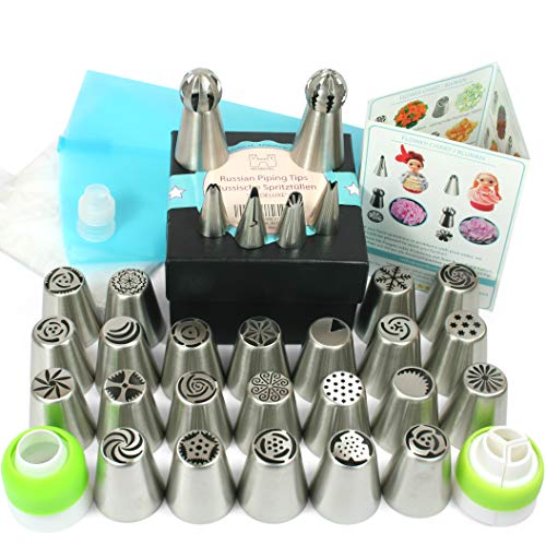 Wenburg Russische Edelstahl Spritztüllen Set: 29 Tüllen (inkl. Blätter-Aufsätze) in Profi-Qualität, 3 Adapter, 1 Silikon und 30 Einweg Spritzbeutel. Kuchen, Cupcake-Dekoration (Deluxe)