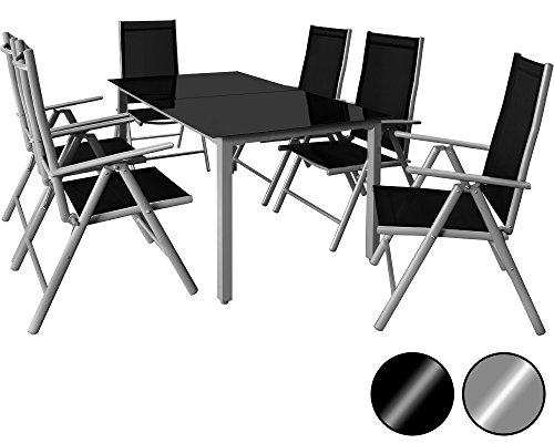 Deuba Aluminium Sitzgruppe 6+1 Silber 6 verstellbare Stühle Tisch höhenverstellbar 5mm Tischplatte aus Sicherheitsglas wetterfest Drinnen & Draußen 【Modellauswahl 4+1 / 6+1 / 8+1】- Alu Sitzgarnitur Gartenmöbel Gartenset Essgruppe Gartengarnitur Klappstuhl Gartenmöbelset