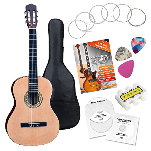 Classic Cantabile AS-861 Konzertgitarre 7/8 Starter-SET (akustische Klassikgitarre, geeignet für Kinder ab 10-13 Jahren, Tasche, Saiten, Noten, Plektren, Stimmpfeife) natur