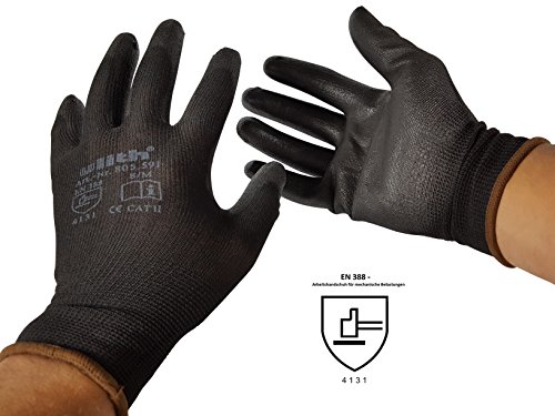 12 Paar Arbeitshandschuhe Bauhandschuhe Montagehandschuhe mit PU-Teilbeschichtung von Ulith EN 420 EN 388 unterschiedliche Größen in schwarz erhältlich Gr L 9 Farbe schwarz