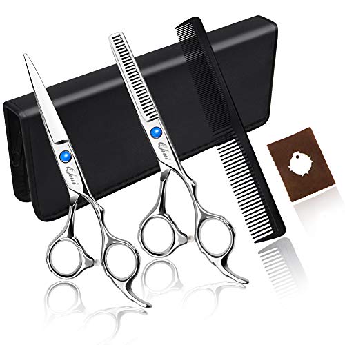 Qhui Haarschere Set, 2 Extra Scharfe Haarschneideschere mit Etui, Licht Friseurscheren mit Einseitiger Mikroverzahnung, Perfekter Effilierschere für Damen und Herren