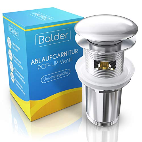 Balder Universal Ablaufgarnitur mit Überlauf - Chrom Pop Up Ventil für Waschbecken & Waschtisch - Passgenaues Ablaufventil aus Messing - Gratis Dichtungen - Inkl. Video Einbauanleitung [werkzeuglos]