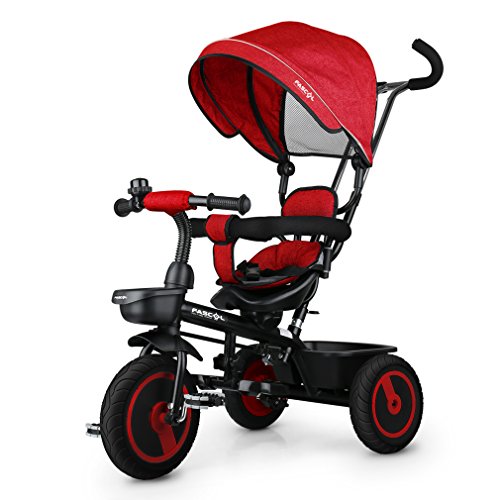 Fascol Dreirad 6 in 1 Kinderdreirad Kinder Fahrrad Baby Kleinkinder mit Lenkbarer Schubstange, mit FlüSterleise Gummireifen und Sonnendach für Jungen und Mädchen ab 12 Monate -5 Jahre