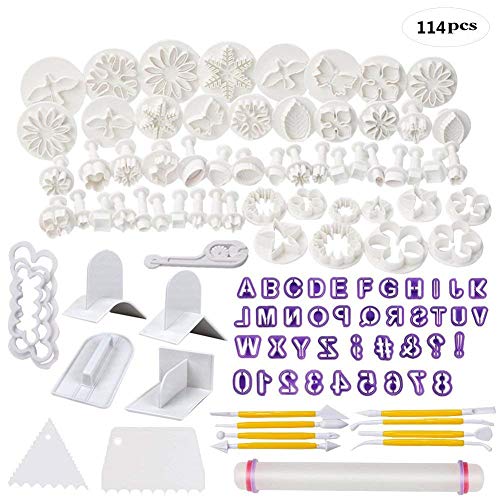Soleebee 114-Teiliges Fondant Ausstecher Set Ausstechformen für Buchstaben, Zahlen, Rose Blume Formen Set Fondant Werkzeuge Auswerfer Stempel Modellierwerkzeug für Torten Deko
