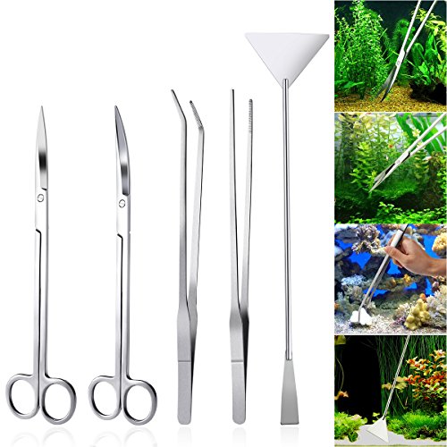 UEETEK 5 in 1 Edelstahl Aquarium Aquascaping Kit Aquarium Tank Aquatic Pflanze Werkzeuge Sets Pinzette Scissor Spatel