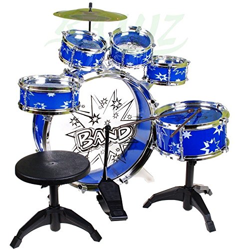 Steinbach Kinderschlagzeug, Schlagzeug mit Hocker und 2 Trommelstöcken, Schlagzeug Drumset, Kinder Trommel - Set Schlagzeug Drumset 9-tlg - BLAU