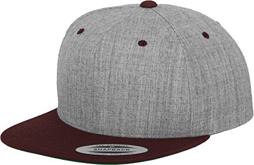 Yupoong Flexfit Unisex Kappe Classic Snapback 2-Tone, zweifarbige blanko Cap mit geradem Schirm, One Size Einheitsgröße für Männer und Frauen, Farbe h.grey/maroon