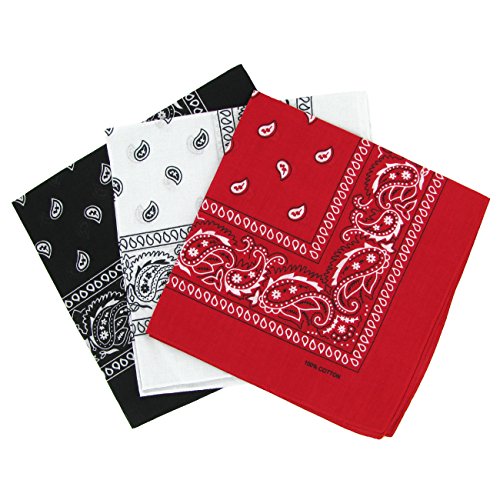 Set 3 bandanas paisley damen und herren rot, weiß, schwarz 57x57cm