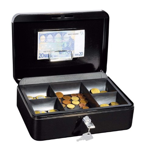 Wedo 145321H Geldkassette (aus pulverbeschichtetem Stahl, versenkbarer Griff, Geldnoten- und Belegeklammer, 5-Fächer-Münzeinsatz, Sicherheits-Zylinderschloss, 25 x 18 x 9 cm) schwarz