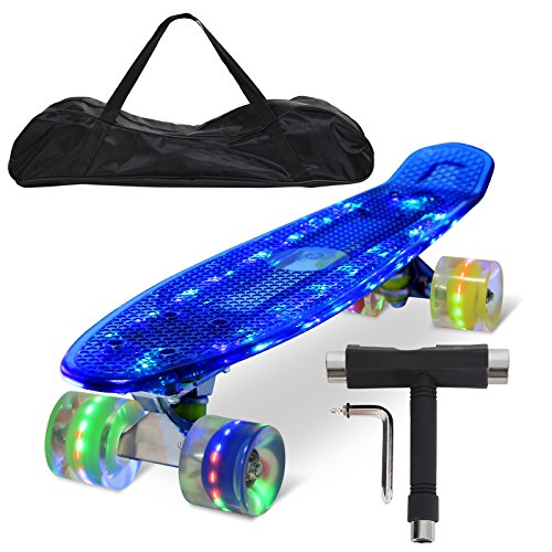 Yorbay 22' Retro Skateboard Mini Cruiser Board Komplett Fertig Montiert (Deck transparent Blau/ LED Räder mit 4 Farben)
