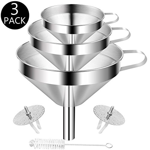 Edelstahl-Trichter, PEMOTech 3 Stück Edelstahl Trichter Strainer Filter Set mit Griff für die Übertragung von flüssigen Zutaten,trockenen Zutaten und Pulver,zubehör mit 1 Reinigungsbürste,11/13/15 CM