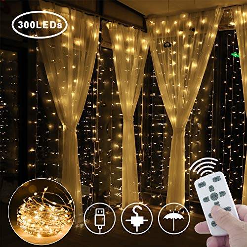 Greatever Lichtervorhang, 2019 Neuestes USB String Light 300 LEDs Lichterkettenvorhang Kupfer 3M*3M IP65 Lichterketten Wasserdicht 8 Modi Warmweiß für Weihnachten Party Innen und Außen Deko