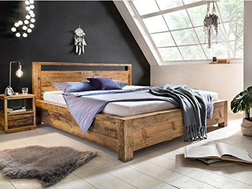 Woodkings Bett 180x200 Havelock Doppelbett recycelte Pinie rustikal Schlafzimmer Massivholz Design Ehebett Balkenbett Massive Naturmöbel Echtholzmöbel günstig