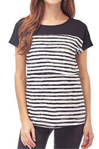Smallshow Stillshirt Kurzarm Umstands Tshirt Umstandstop Umstandsmode Stilltop Baumwolle Schwangerschaft Streifen Shirt, Schwarz, M