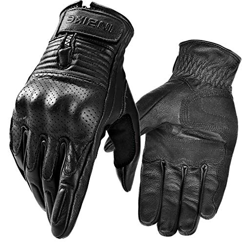 INBIKE Motorrad Handschuhe Herren Damen Sommer Echtes Leder Motorradhandschuhe Atmungsaktiv Und Verschleißfest Mit Harter Schutzhülle Schwarz L
