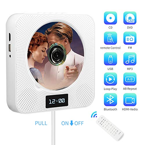 Tragbarer CD Player,Bluetooth Wand montierbar TV Musik HDMI,Player mit Fernbedienung eingebaute HiFi-Lautsprecher für Kinder/FM-Radio, unterstützt USB/MP3/3,5 mm Kopfhörerbuchse/Geschenk (Weiß)