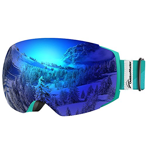 OutdoorMaster Skibrille Pro für Damen&Herren, Snowboardbrille mit magnetisch wechselsystem, OTG Schneebrille, Ski Goggles(Blaugrüner Gurt VLT 15% Blaue Gläser&Schutzhülle)