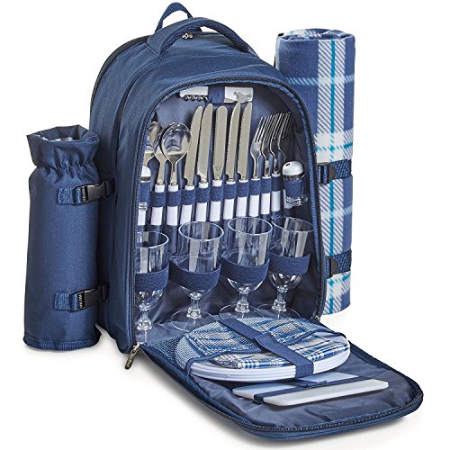 VonShef Blauer Picknick-Rucksack für 4 Personen mit Kühlfach, Geschirr, Besteck & karierter Fleecedecke