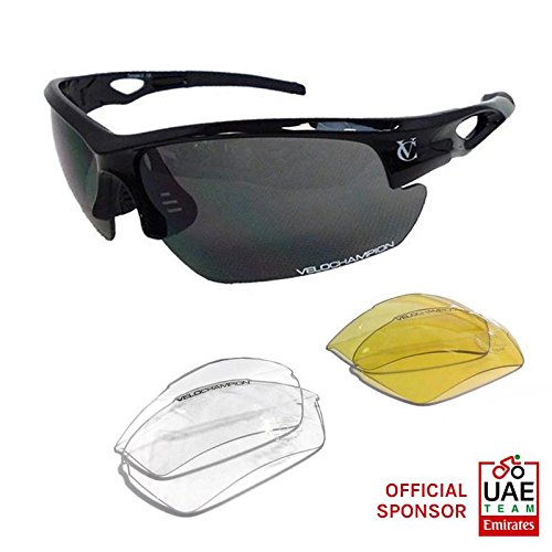 VeloChampion Tornado Sonnenbrille, Schwarz, mit 3 Linsen weiche Tragetasche