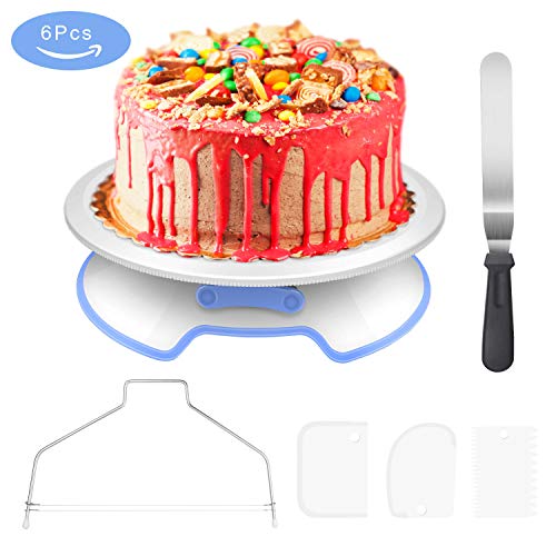 WisFox Tortenplatte Drehbar Abschließbar Tortenständer Kuchen Drehteller Cake Decorating Turntable mit 1 Winkelpalette, 3 Icing Smoother, 1 Kuchen Cutter, für Backen Gebäck, 31x7.7 cm Weiß