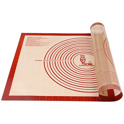 Antihafte Rutschfeste Backunterlage/Backmatte Silikon Groß 71x51cm Ausrollmatte Teigmatte Silikonmatte Backfolie Arbeitsmatte mit Messung für Fondant Gebäck Pizza Matte, BPA Frei, von Super Kitchen（Rot）