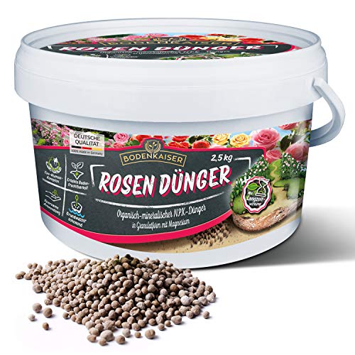 Bodenkaiser Rosendünger in Granulatform, organisch-mineralischer Spezialdünger für Rosen mit Langzeit-Wirkung, 2,5 kg im praktischen Eimer, für gesunde, schöne Pflanzen