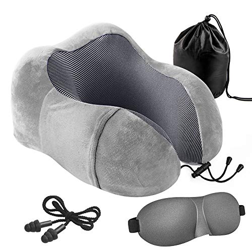 PANACARE Reisekissen Nackenkissen Set, U Geformte Halskissen aus Memory Foam tragbar reisekissen waschbarem Bezug mit 3D Augenmaske Ohrenstöpsel für Büro/Haus/Reisen im Flugzeug Zug, Grau
