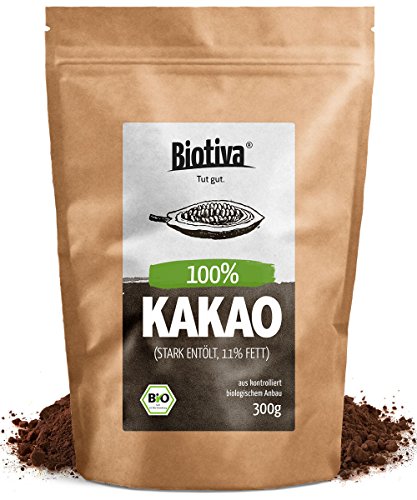 Bio-Kakao Pulver (300g) | 100% reines Kakaopulver | stark entölt (11% Fett) | ohne Zucker I ohne Zusatzstoffe - hochwertigste Biotiva Qualität