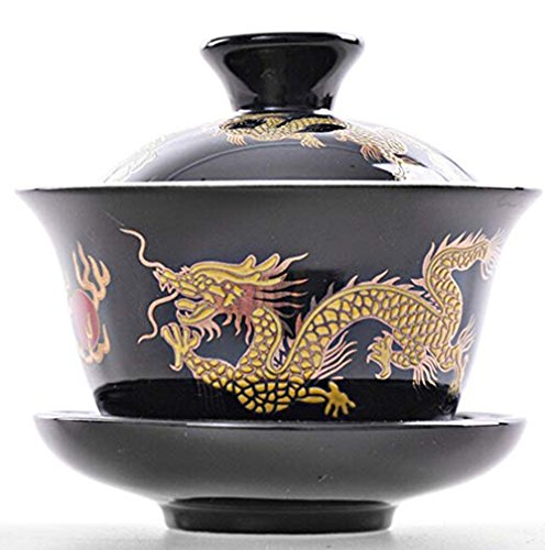 YBK Tech Porzellan Kung Fu Tee Tasse und Untertasse mit Deckel, traditioneller chinesischer Gaiwan sancai Damen Tee Schale Tee Set Drache Muster schwarz