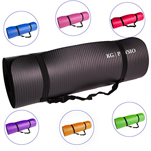 Rutschfeste Yogamatte von KG | PHYSIO - Dicke Premium Gymnastikmatte fürs Fitnessstudio, Pilates oder zuhause mit Schultertragegurt (auf der Innenseite der Matte) 183 cm x 60 cm x 1 cm (schwarz)