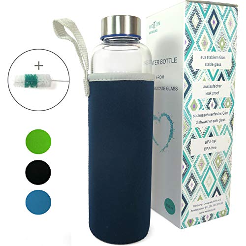 Wenburg Trinkflasche/Glasflasche mit Edelstahl Deckel Wolton 550 MLL / 750 ml Neopren Hülle. Sportflasche/Wasserflasche aus Glas. Für Unterwegs (dunkelblau, 0,55 l)