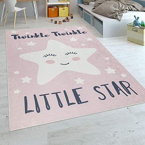 Paco Home Kinderteppich Kinderzimmer Mädchen Waschbar Niedlicher Stern Spruch Rosa Weiss, Grösse:140x200 cm