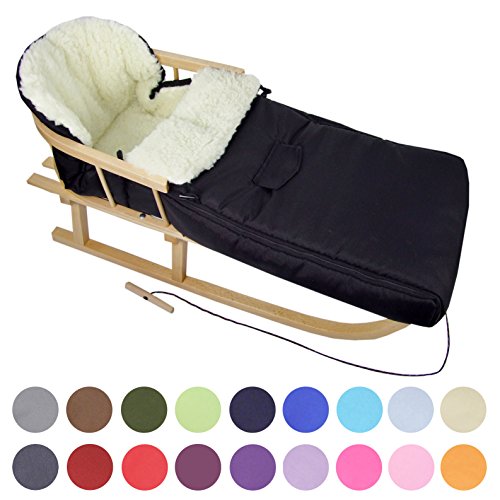 BAMBINIWELT KOMBI-ANGEBOT Holz-Schlitten mit Rückenlehne & Zugseil + universaler Winterfußsack (90cm), auch geeignet für Babyschale, Kinderwagen, Buggy, aus Wolle UNI schwarz