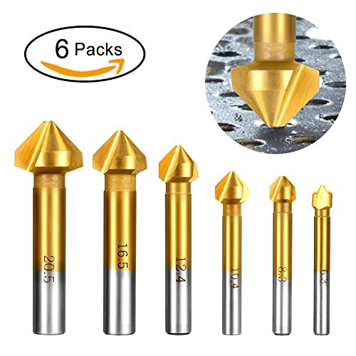 90° Kegelsenker Set, HSS 4241 Senker Sats mit Titan Beschichtete für Holz und Weichem Metall 6 Stück Fasefräser Enthalten Loch Reibahle 6,3–20,5 mm von AOBETAK