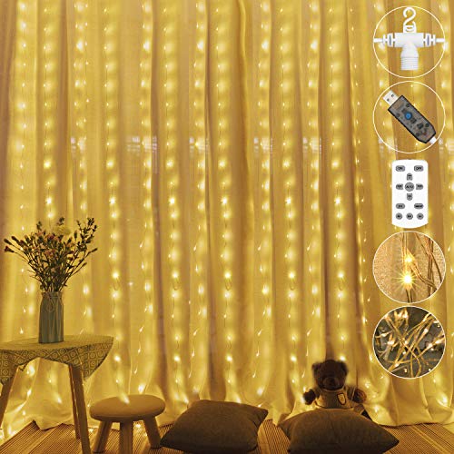 300 LED USB Lichtervorhang,3M*3M Weihnachtsbeleuchtung Warmweiß 8 Verschiedene Modi der Fernbedienung Timer Lichterkette Fenster für Innen und Außen, deko schlafzimmer, Party, zimmer,IP65 Wasserdicht